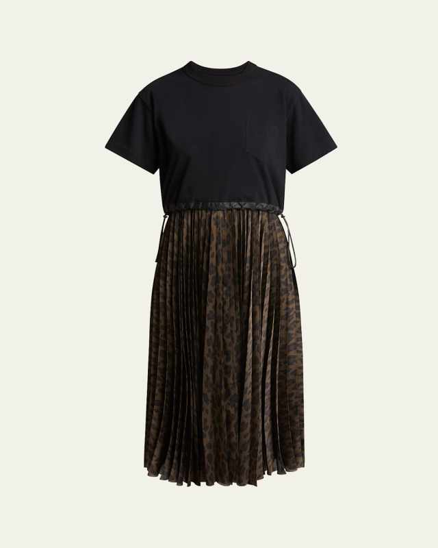Leopard Pleated Midi T-Shirt Dress